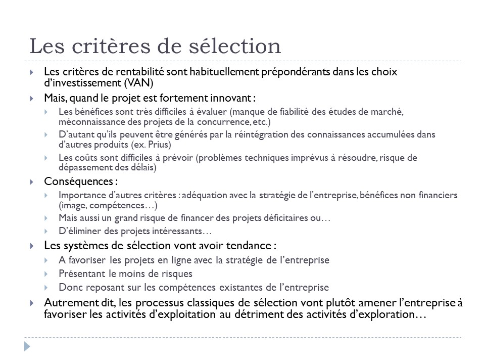 Les critères de sélection