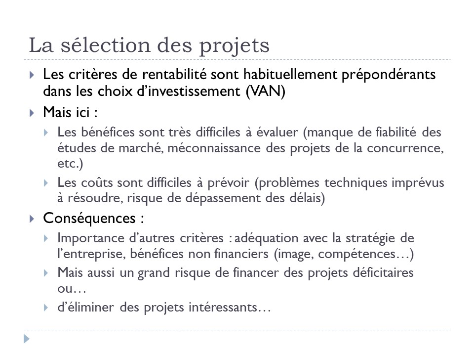 La sélection des projets