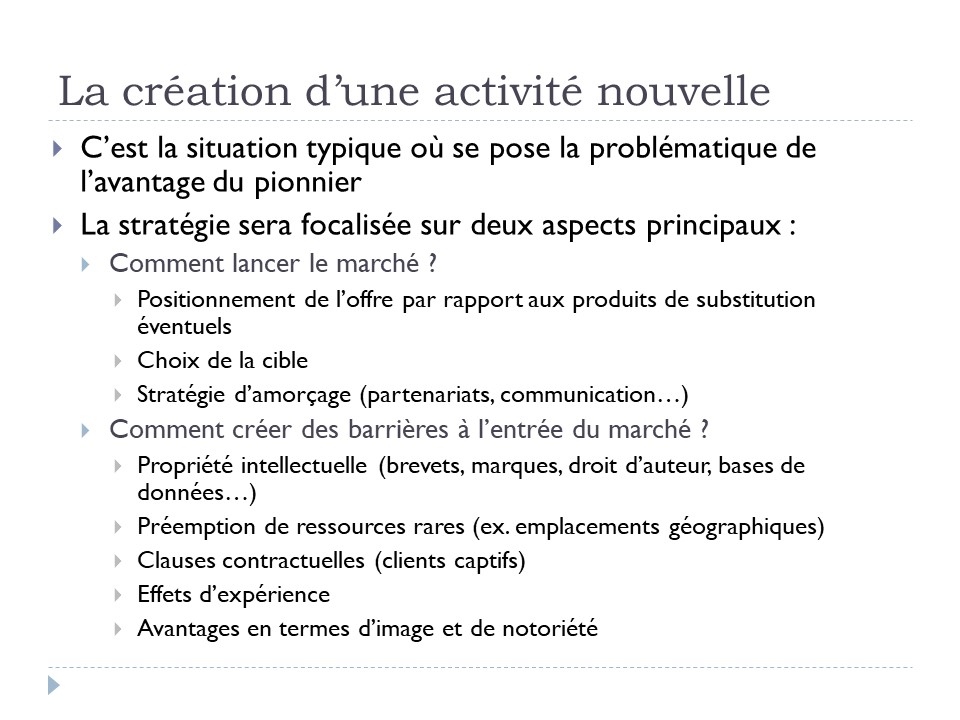 La création d'une activité nouvelle