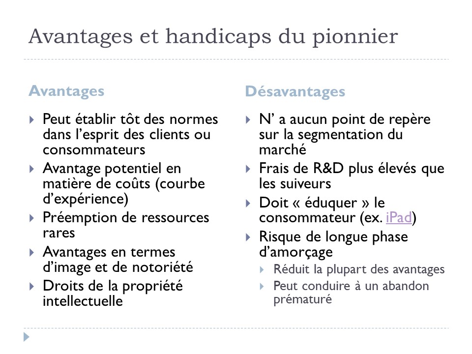 Avantages et handicaps du pionnier