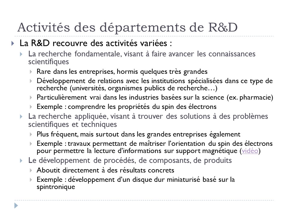 Activité des départements de R&D