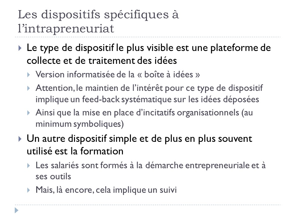 Les dispositifs spécifiques à l'intrapreneuriat