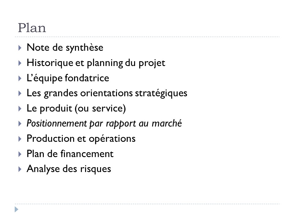 Plan : Positionnement par rapport au marché