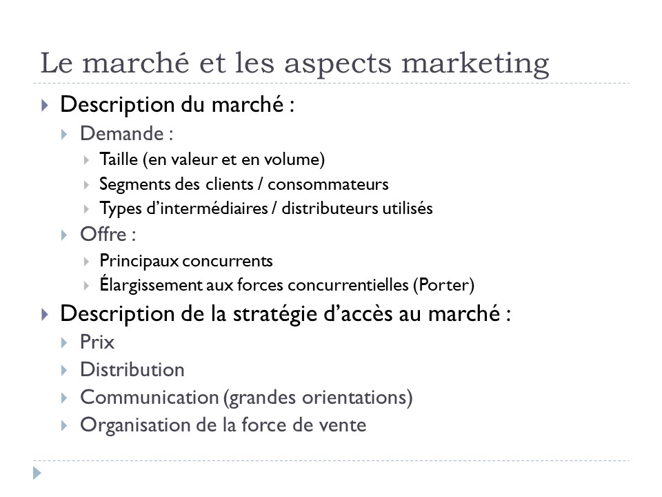 Le marché et les aspects marketing