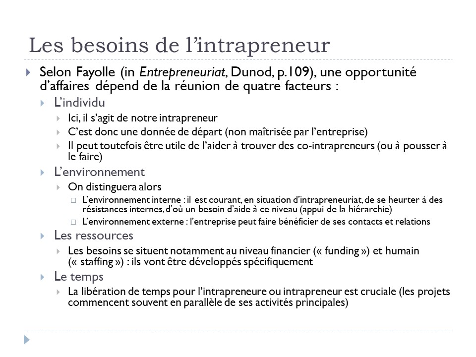 Les besoins de l'intrapreneur