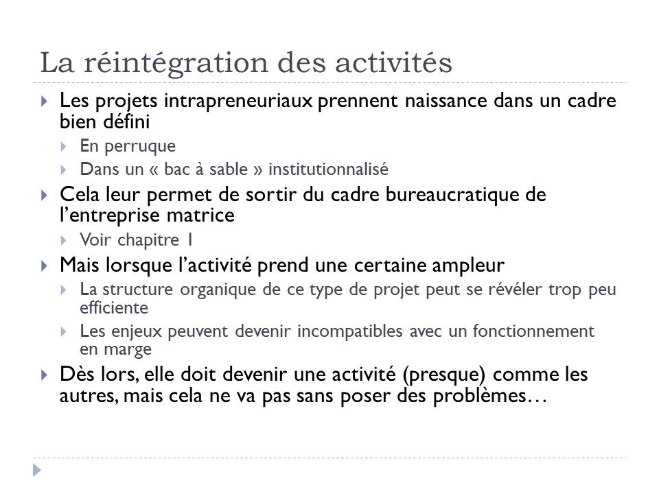 La réintégration des activités