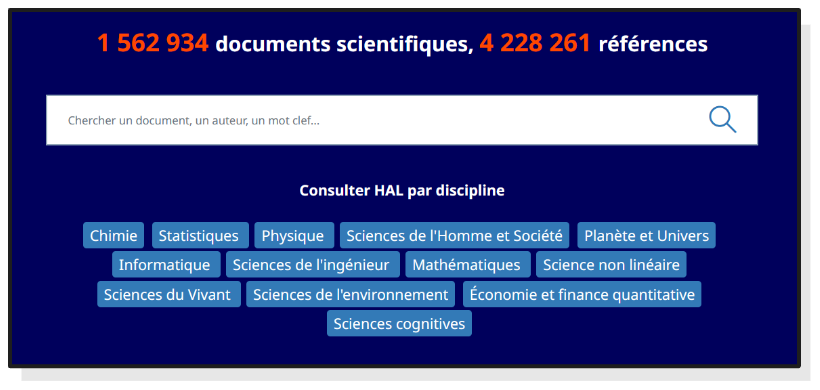 Barre de recherche principale de HAL, page d'accueil