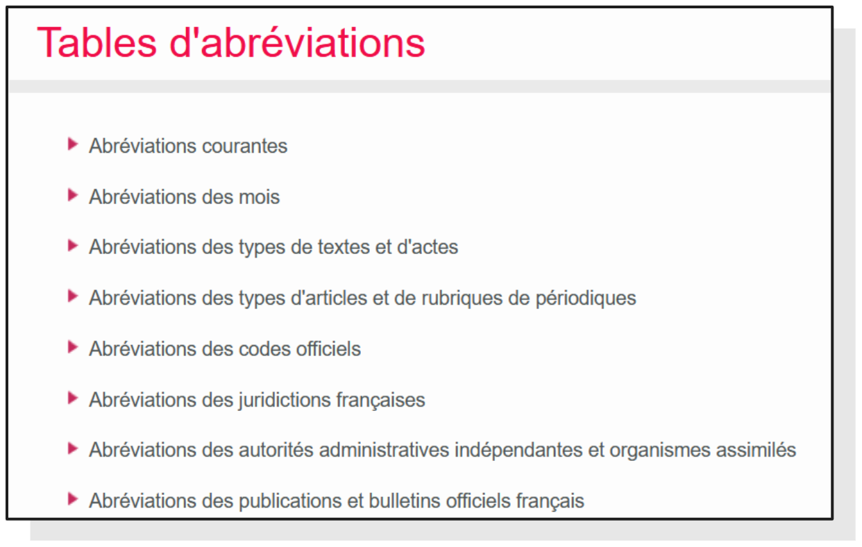 Liste des tables d'abréviations dans Ref-Lex